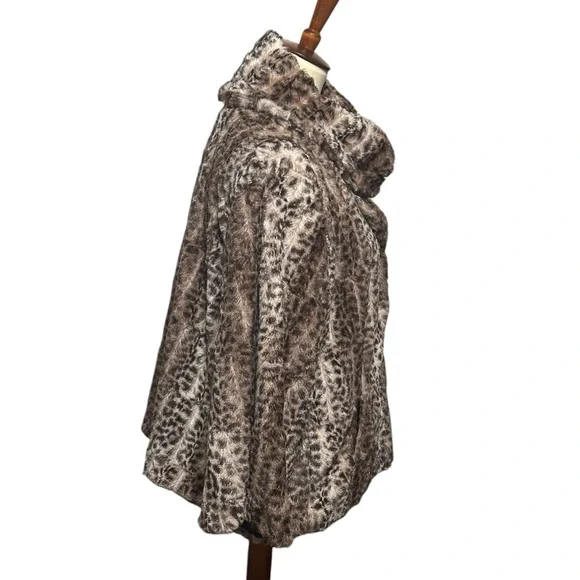 Faux Fur Leopard Print 3/4 Sleeve Jacket Snap Front Coat Collar - Picture 5 of 11